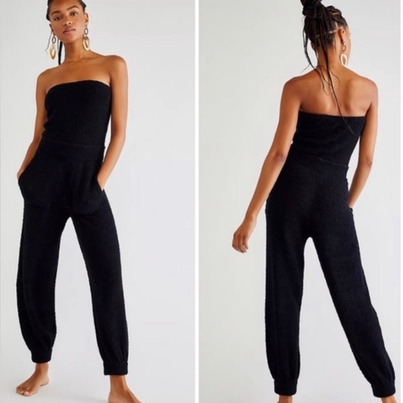 New FREE PEOPLE BEACH Claire Teddy Plush Strapless One-Piece Jumpsuit Black XS